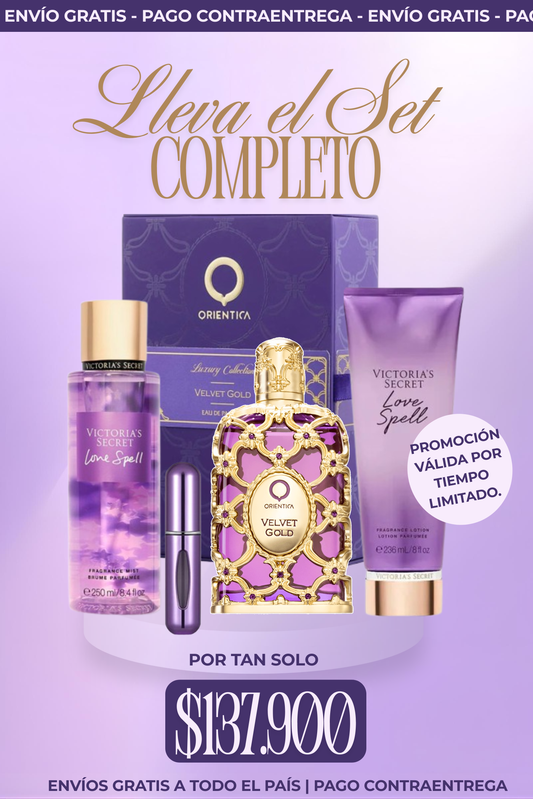 Velvet Gold, Crema y Splash Love Spell